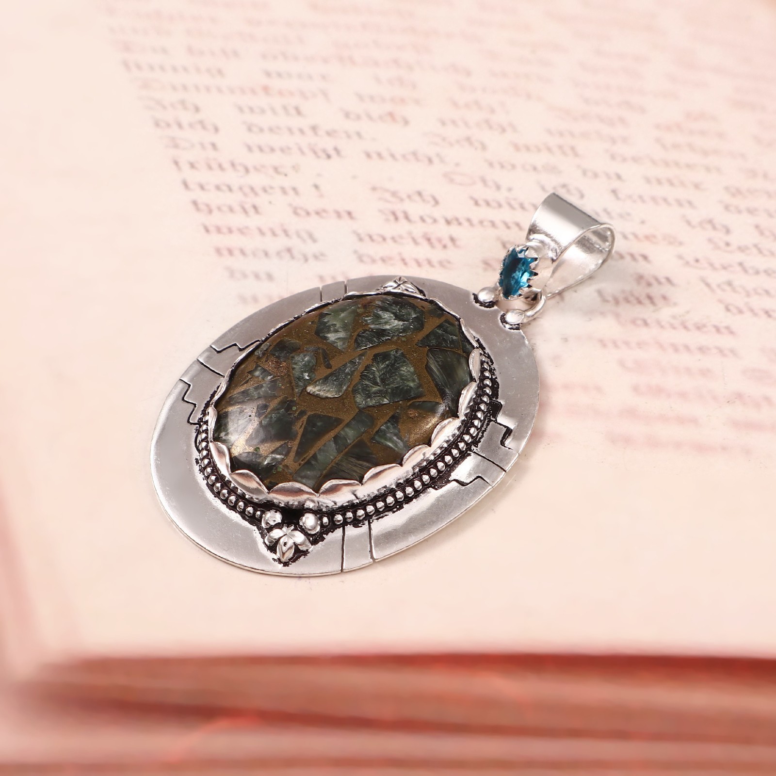 Copper Seraphinite & Blue Topaz Pendant 925 Sterling Silver Handmade Necklace