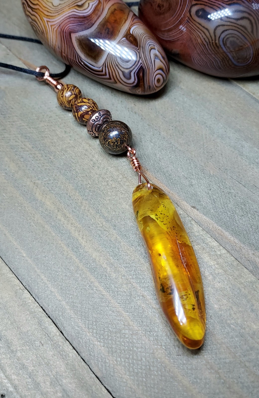 Baltic Amber Long Pendant With Brown Gemstones In Copper Artistic Hand Polished