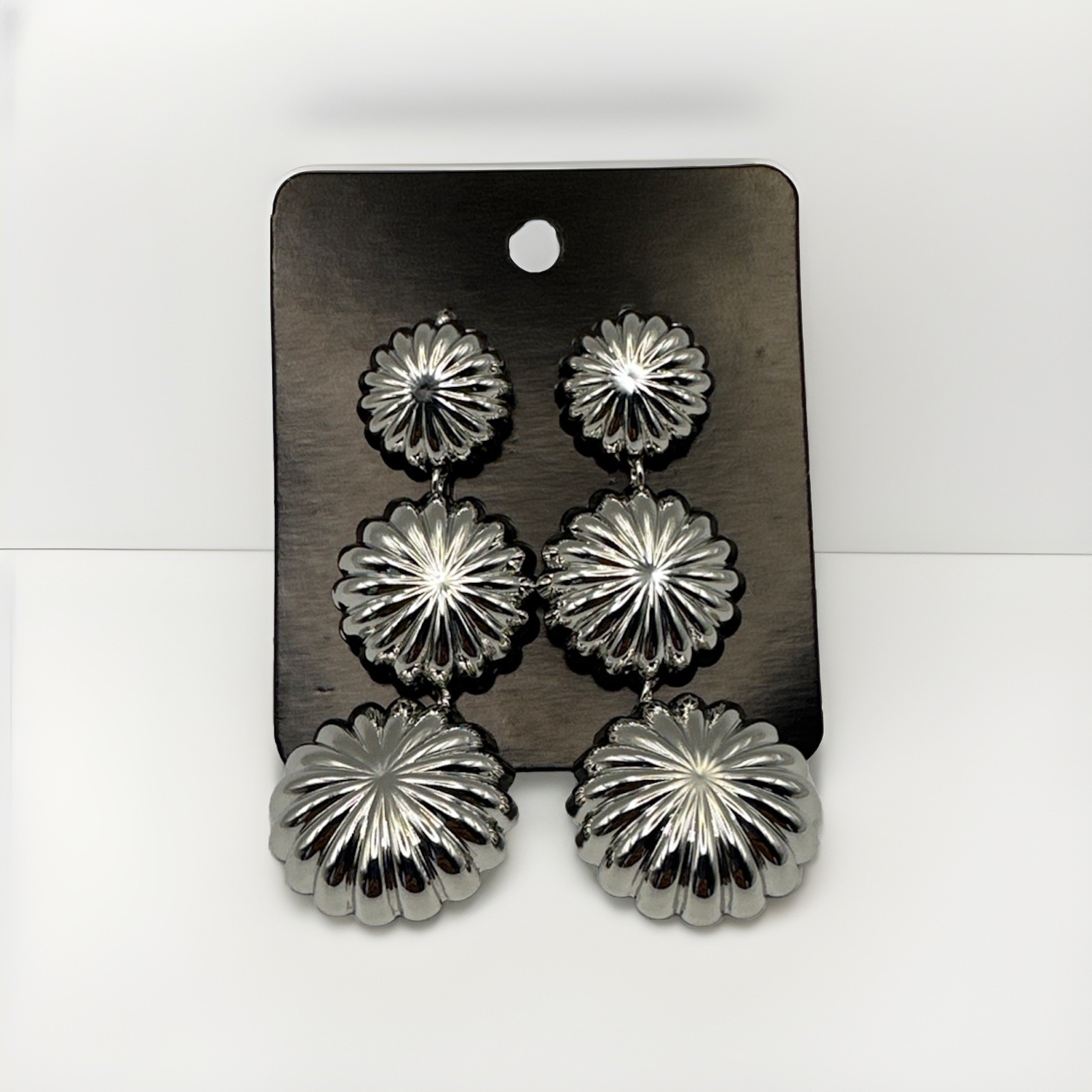 Sliver Toned Triple Concho Drop Earrings