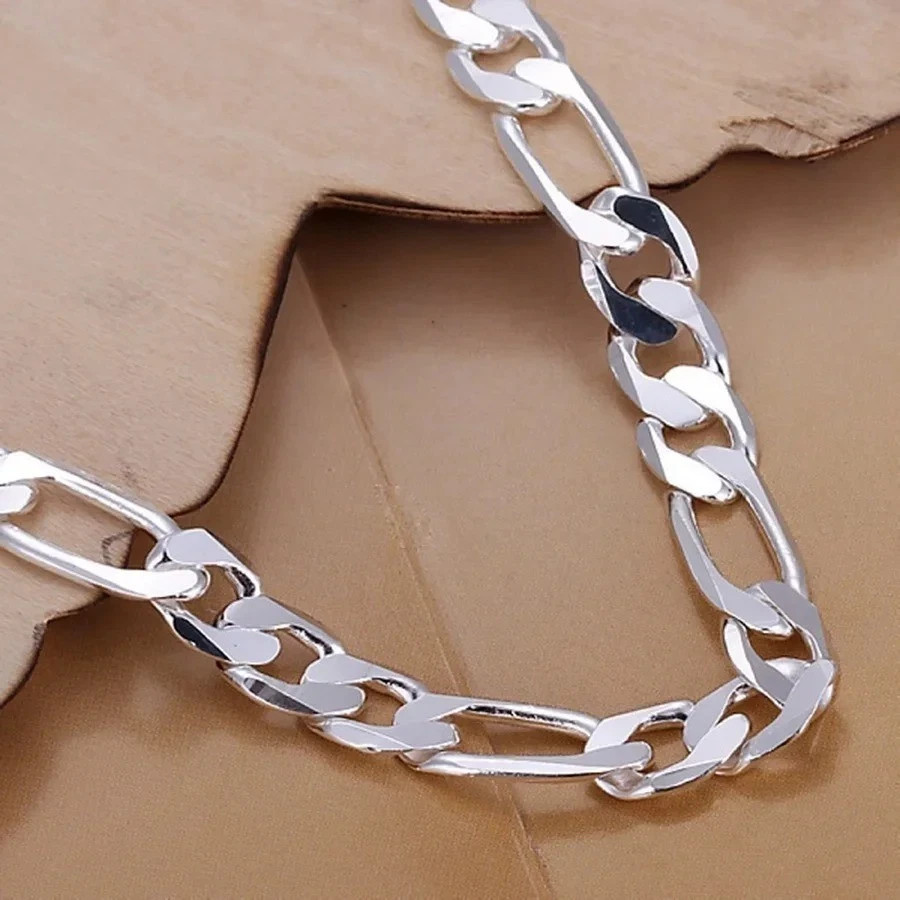 925 Sterling Silver Figaro Chain Bracelet 6-8mm Unisex Wedding Jewelry 20cm