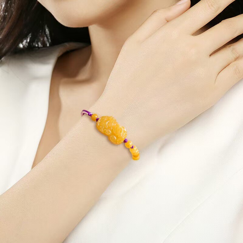 Real Grade A 100% Natural Yellow Jade Lucky PixiuBeads Bracelet 5.9-7.9inch
