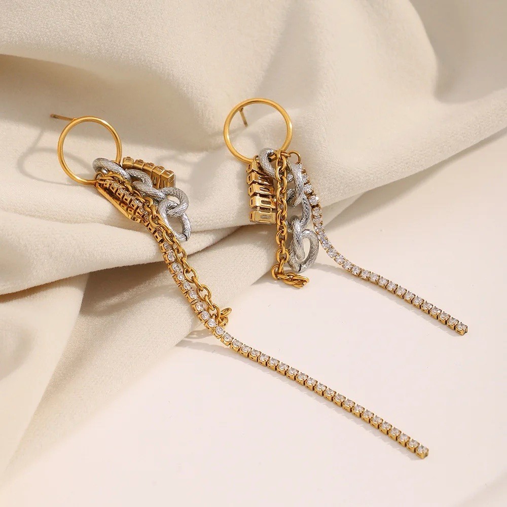 Anthropologie Gold Silver Hoop Chain Earrings Mismatch Crystal Boho Tassel CZ