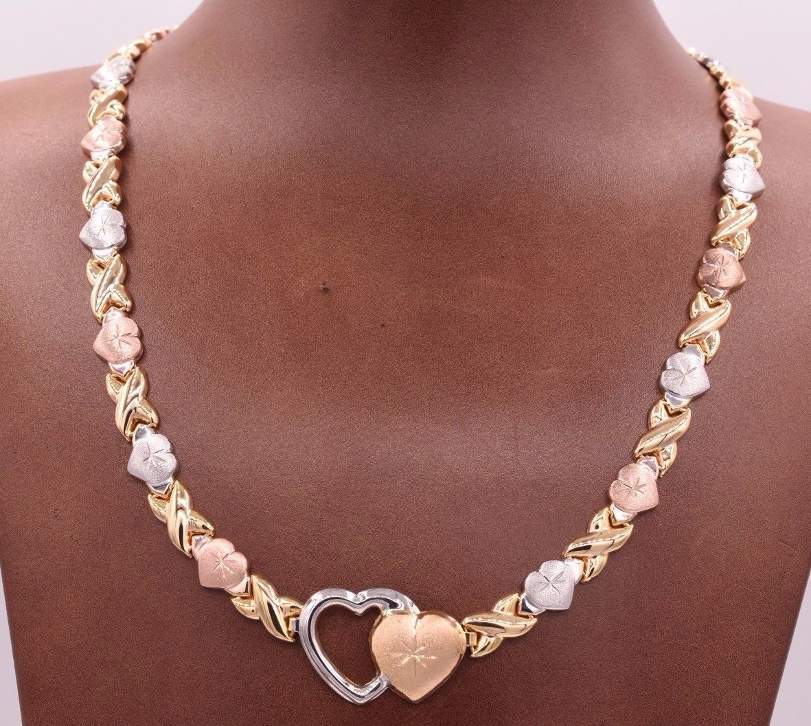 Hearts & Kisses Diamond Cut Necklace 14K Tri-Color Gold-Plated Silver 925