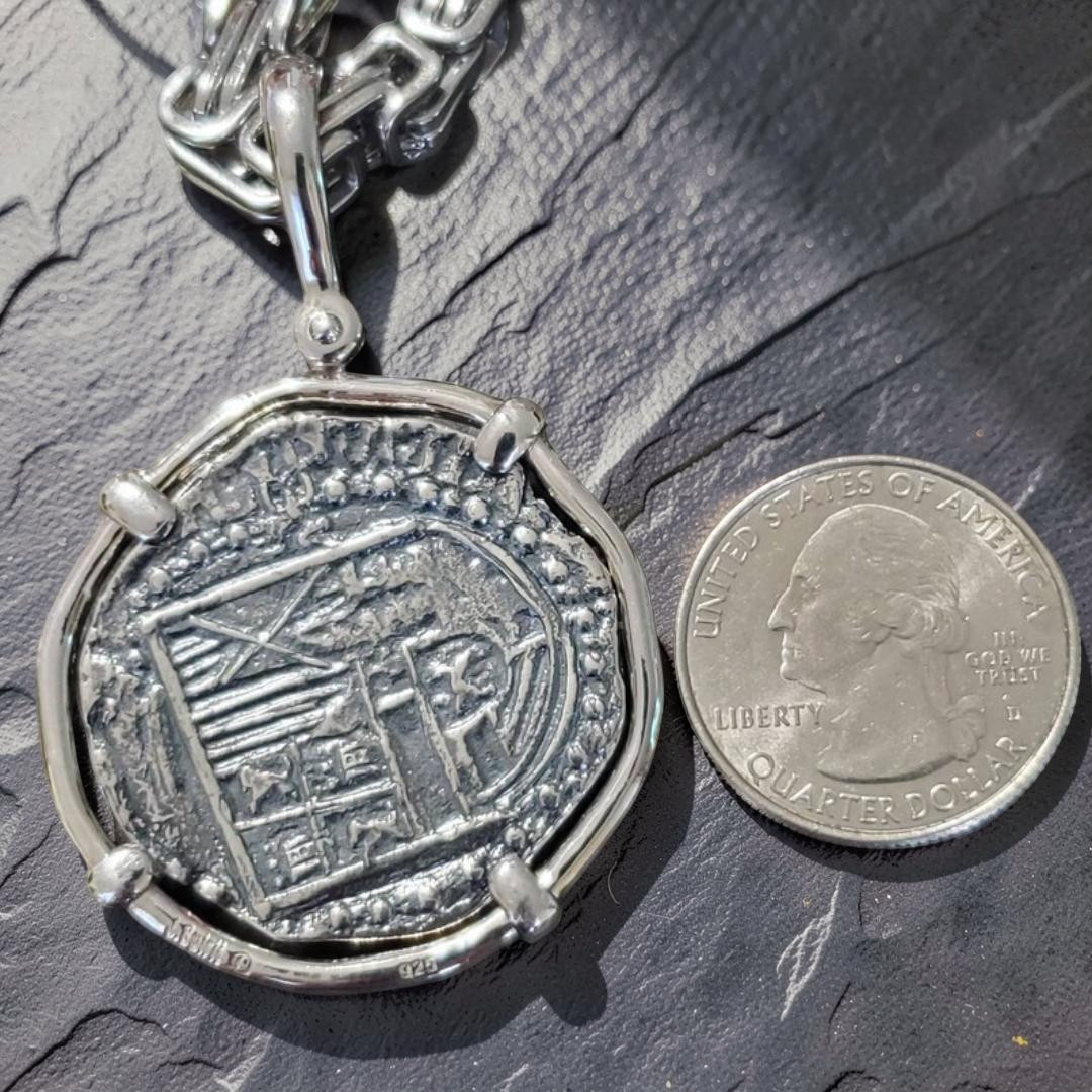 Large Atocha Silver Coin Pendant w Chain Oxidized Shipwreck Certificate