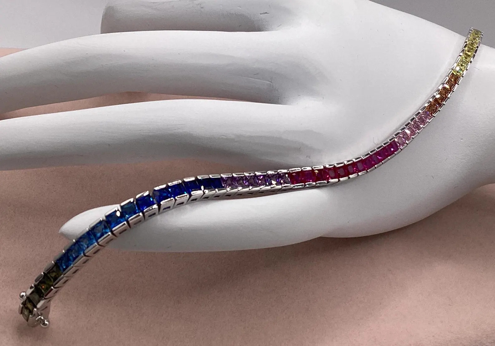 Sapphire Tennis Bracelet Princess Cut Sterling Silver Channel Set 7 inch