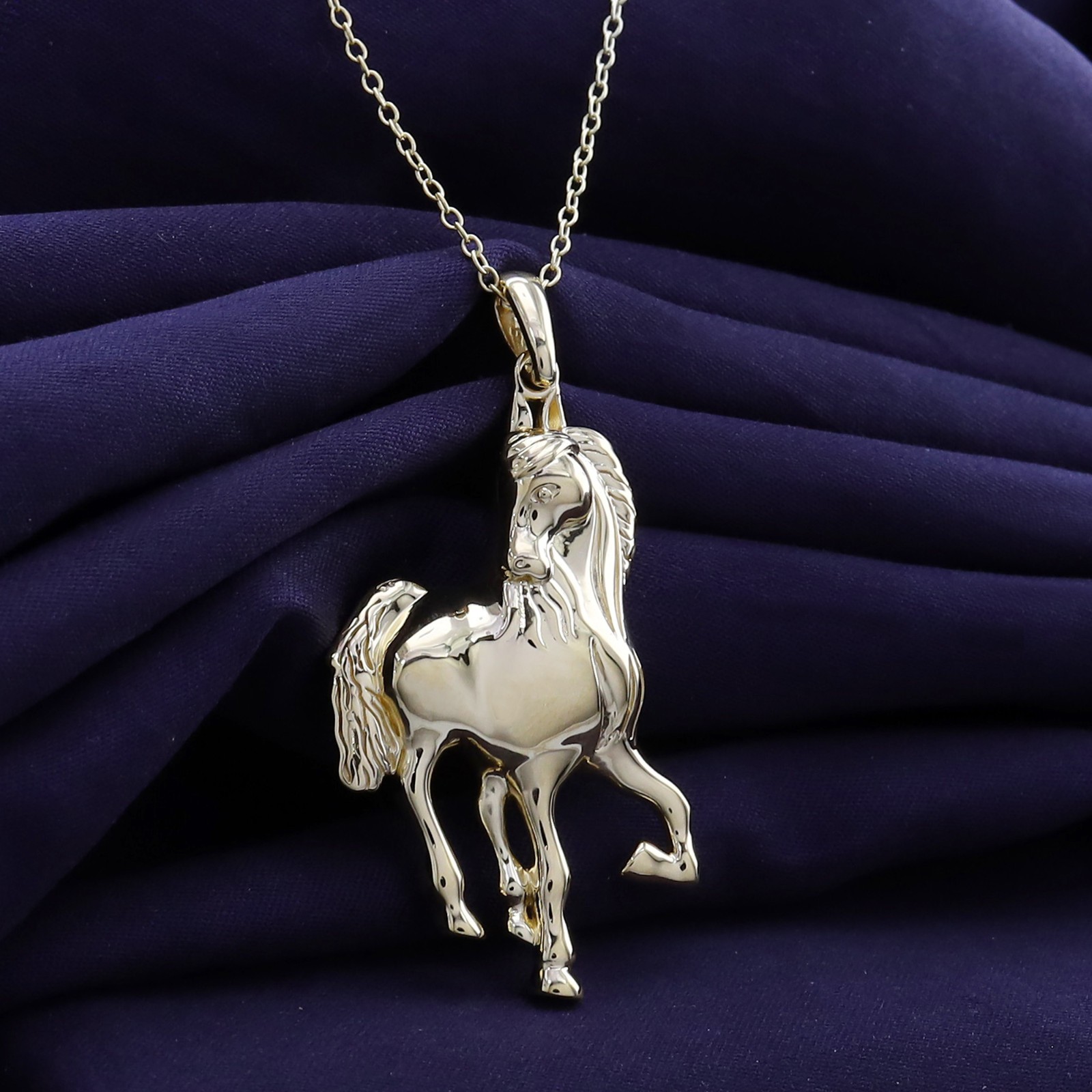 Wild Equine Horse Pendant Necklace In 14K Yellow Gold Plated Sterling 18″ Chain
