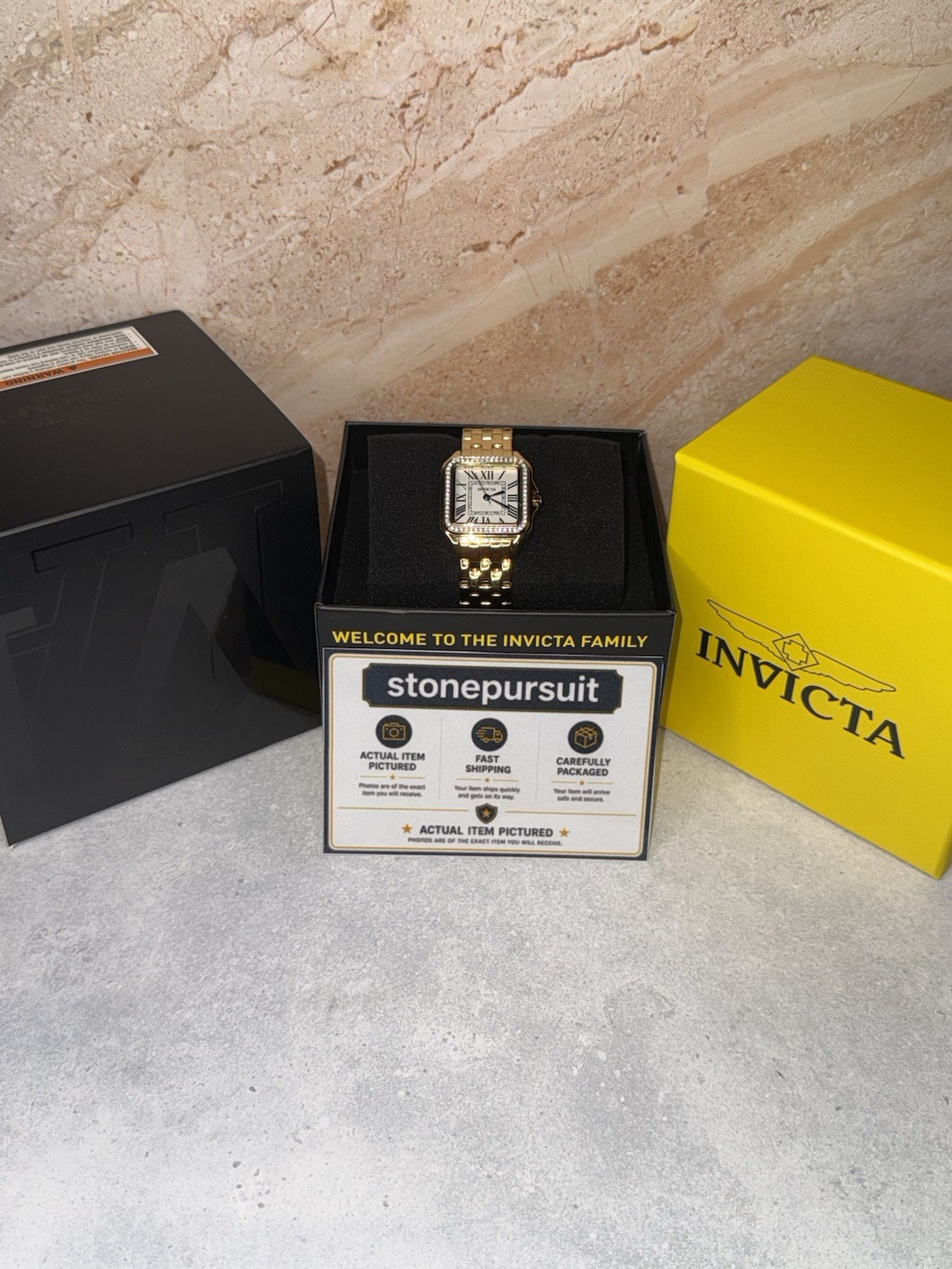 Invicta Angel Gold Crystal Bezel Rectangular White Roman Dial Watch 28mm