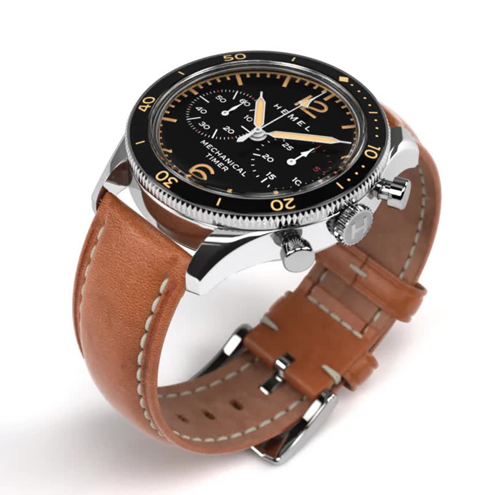 HEMEL Air Defense Mechanical Chronograph Steel Brown Black Leather Men’s Watch