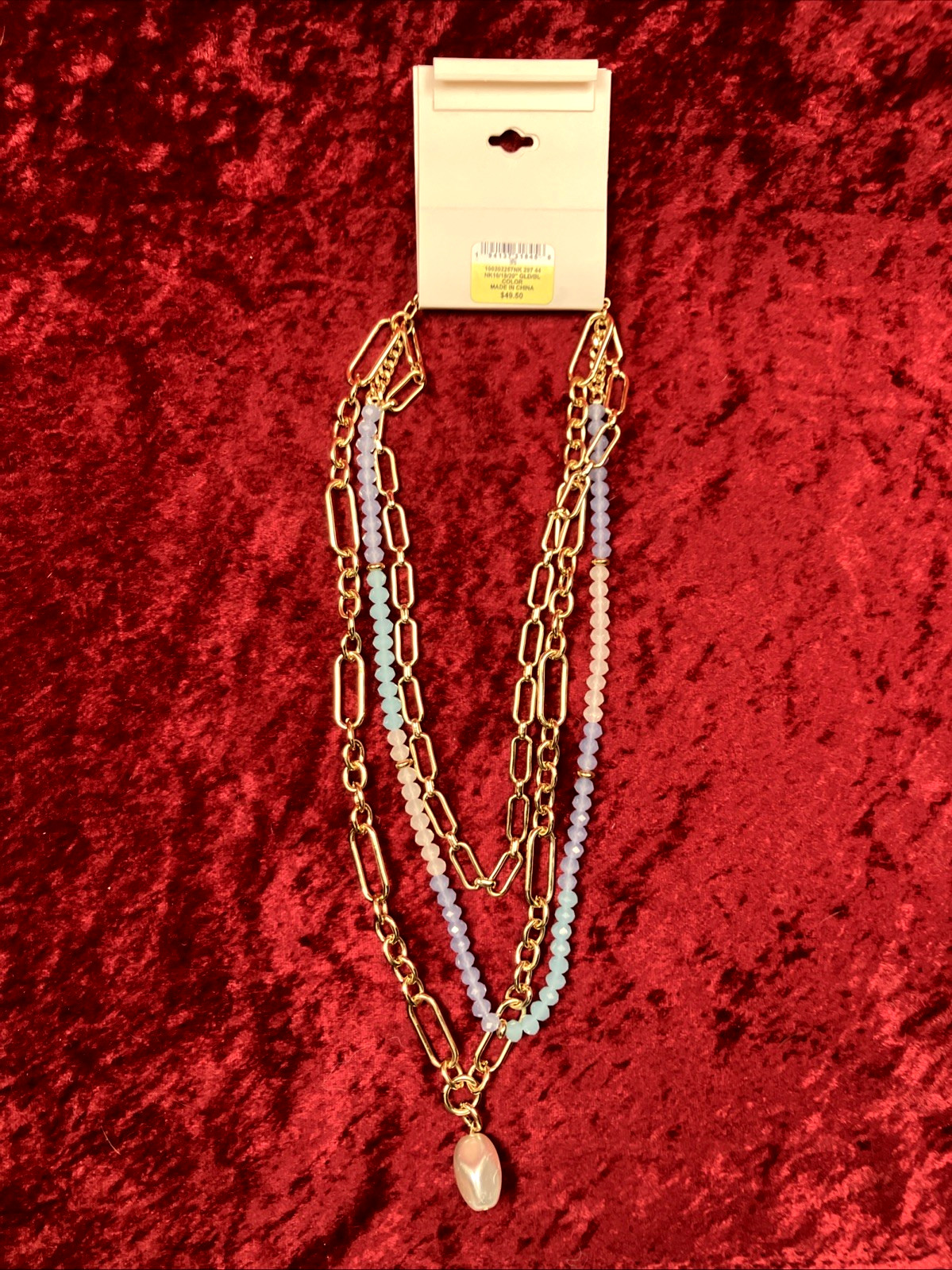 On 34th Gold Tone Stone Beaded 3 Row Necklace Pink Or Blue NWT RP $49.50