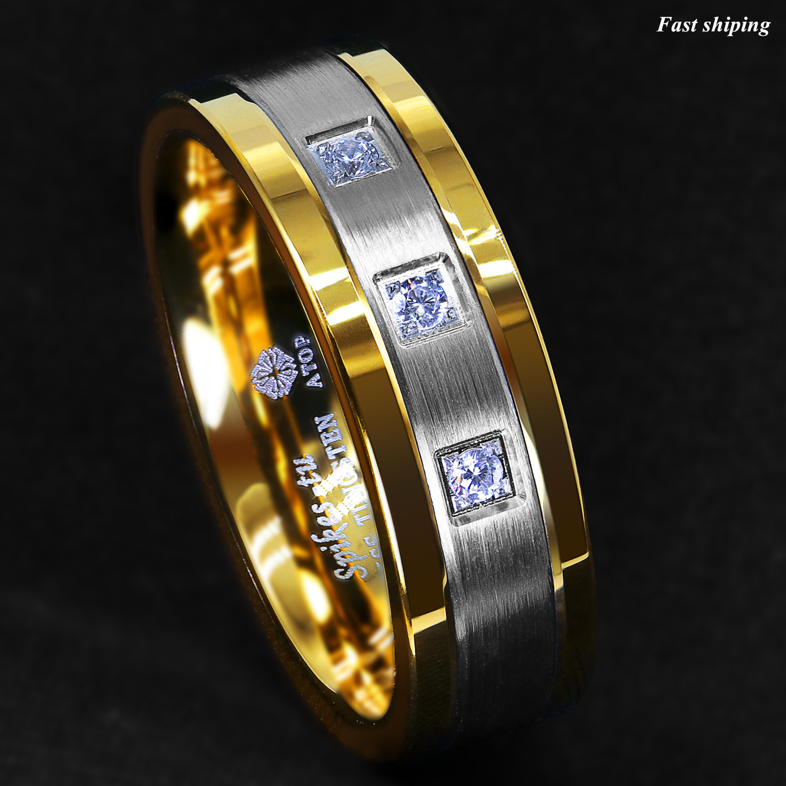 8mm Plated Metal Tungsten Ring Brushed Cubic Zirconia ATOP Men Wedding Band