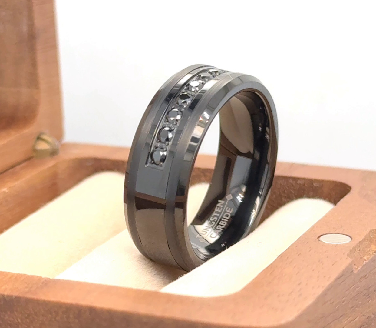 Couple Ring Gift Black Tungsten Engraved Ring Black CZ Inlay Stylish Band