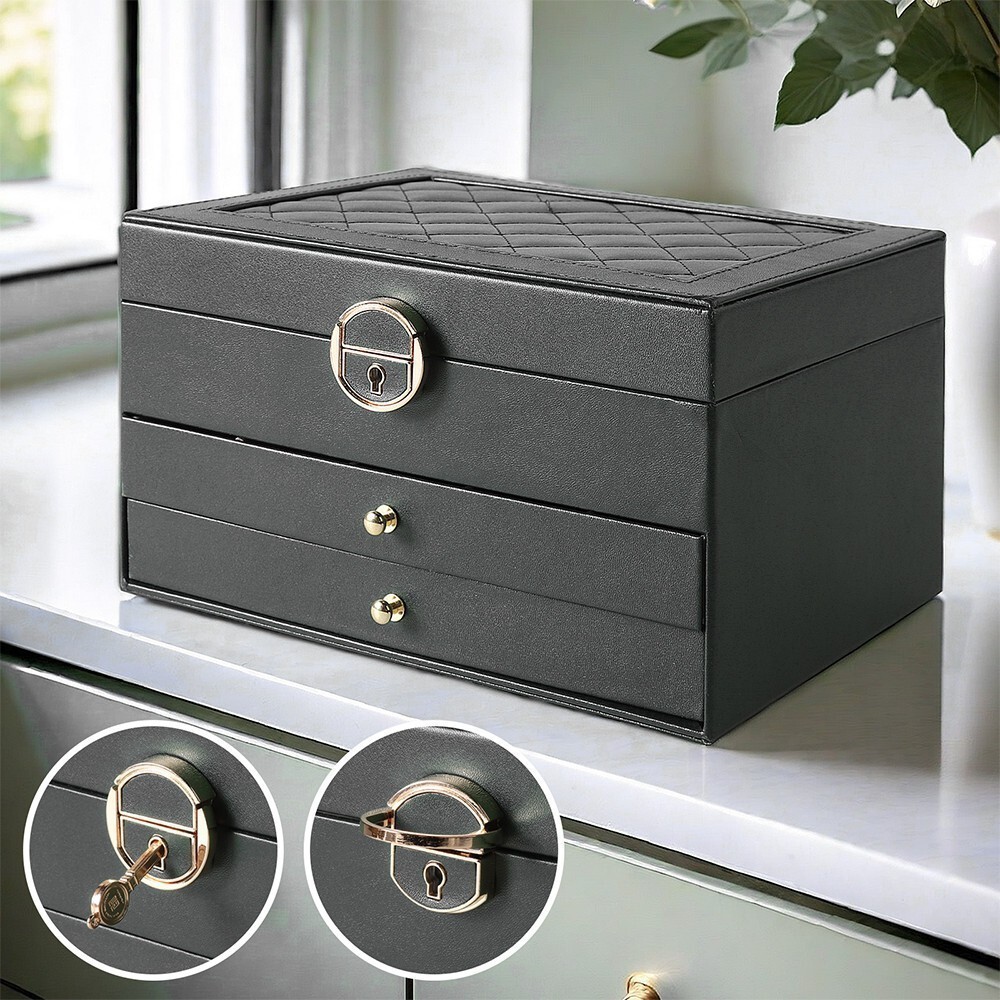 3 Layers Jewelry Box Organizer Large Capacity Ring Earring Necklace Storage Case