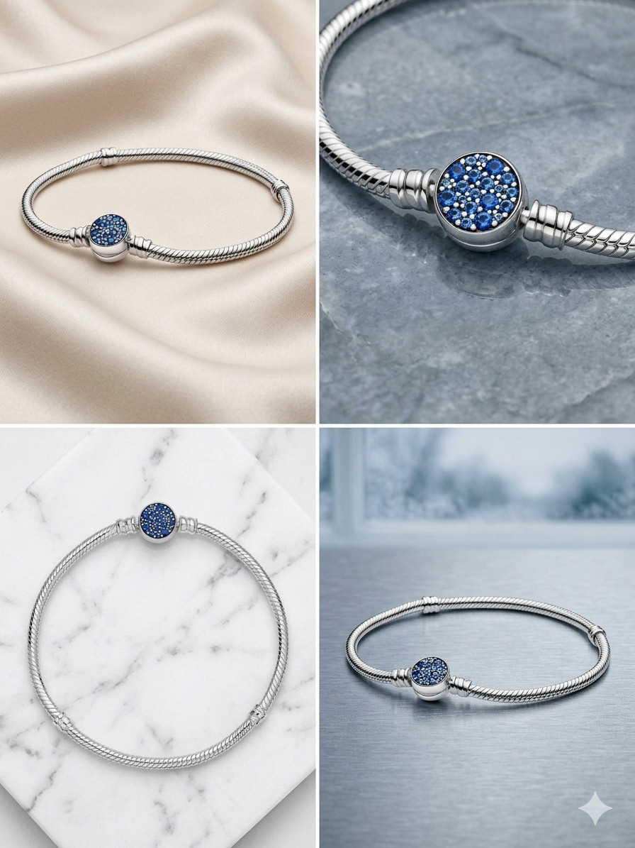 NEW Authentic PANDORA Silver Bracelet Blue Disc Clasp Charm Bracelet 599288C01