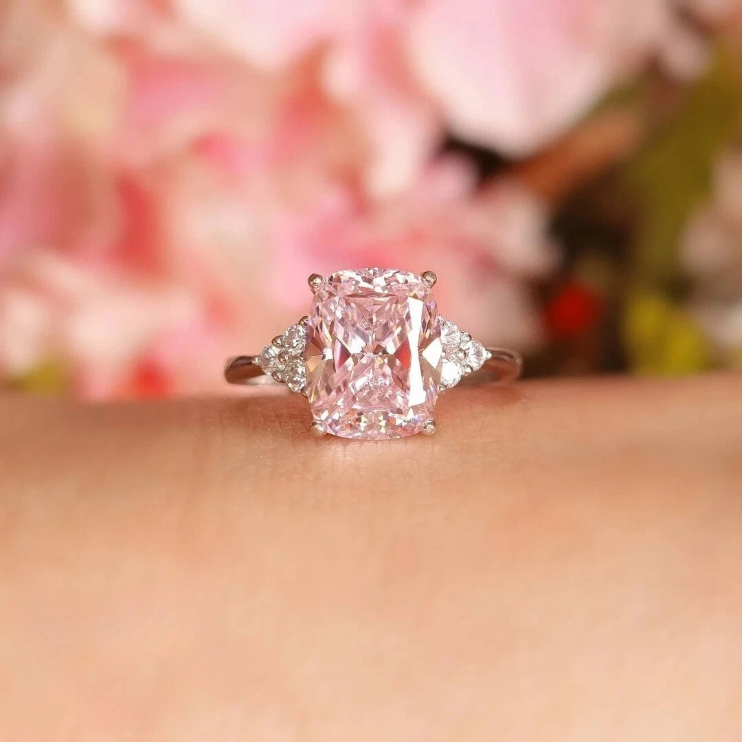 6.30 Ct Cushion Cut Natural Pink Sapphire Diamond Ring 14K White Gold Size 7