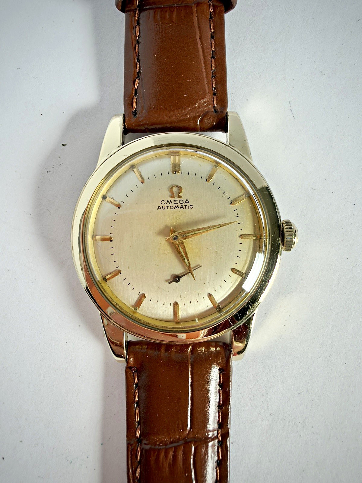 OMEGA Bumper Automatic 17J 14k Gold Filled Leather Strap