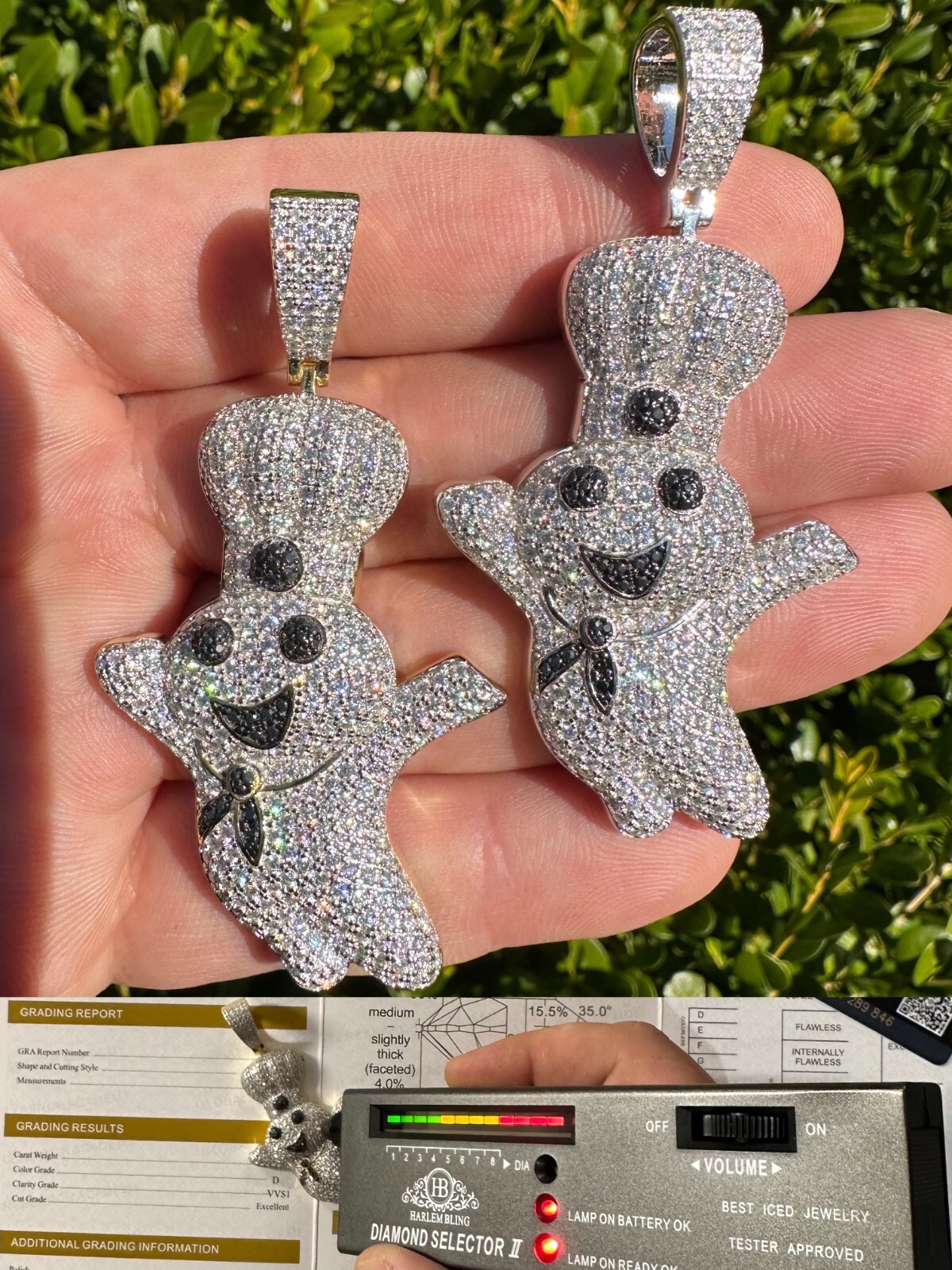 MOISSANITE Real 925 Silver / Gold Pillsbury Doughboy Money Necklace Pendant Iced