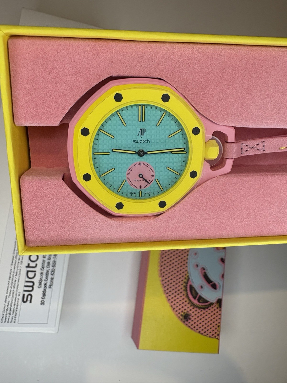 Swatch x Ap Royal Pop OTG ROZ pink and yellow w box and receipt 100% Authentic
