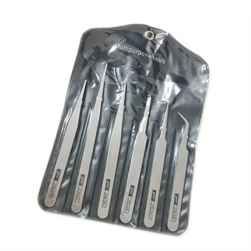 6Pcs Stainless metal Tweezers Repair Tool Industrial Precision Bent Straight Twe