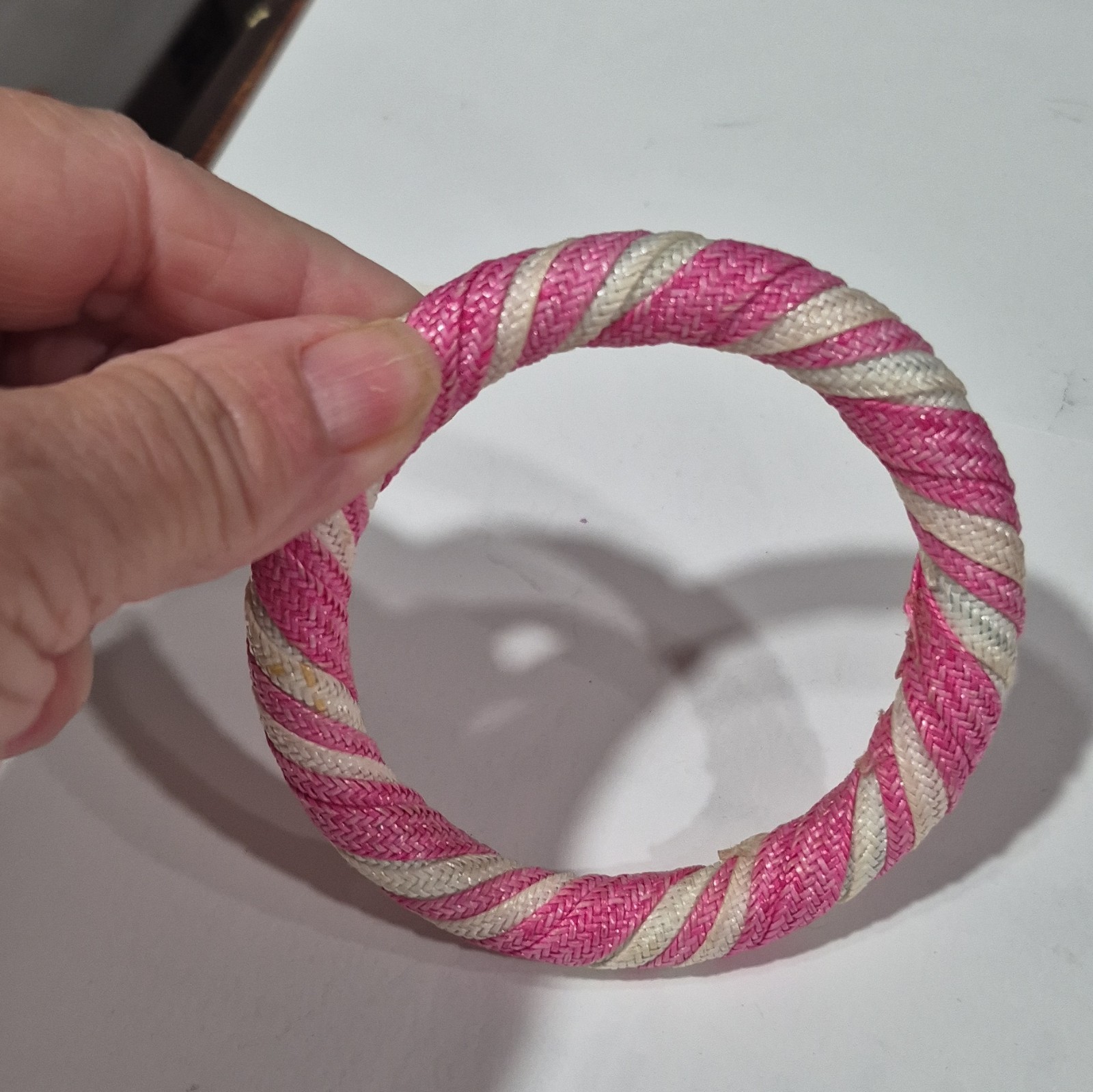 Pink & White Fabric Wrapped Bangle Bracelet, Round, No Stone, No Closure