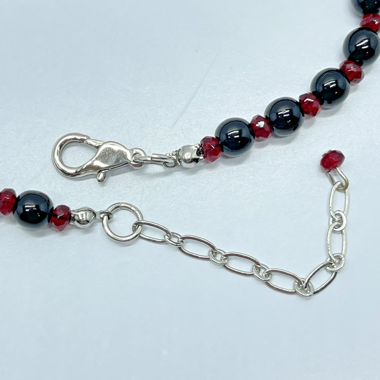 Gothic Black Beaded Necklace Graduated Bead Ruby Red Crystal Spacer Silver Tone