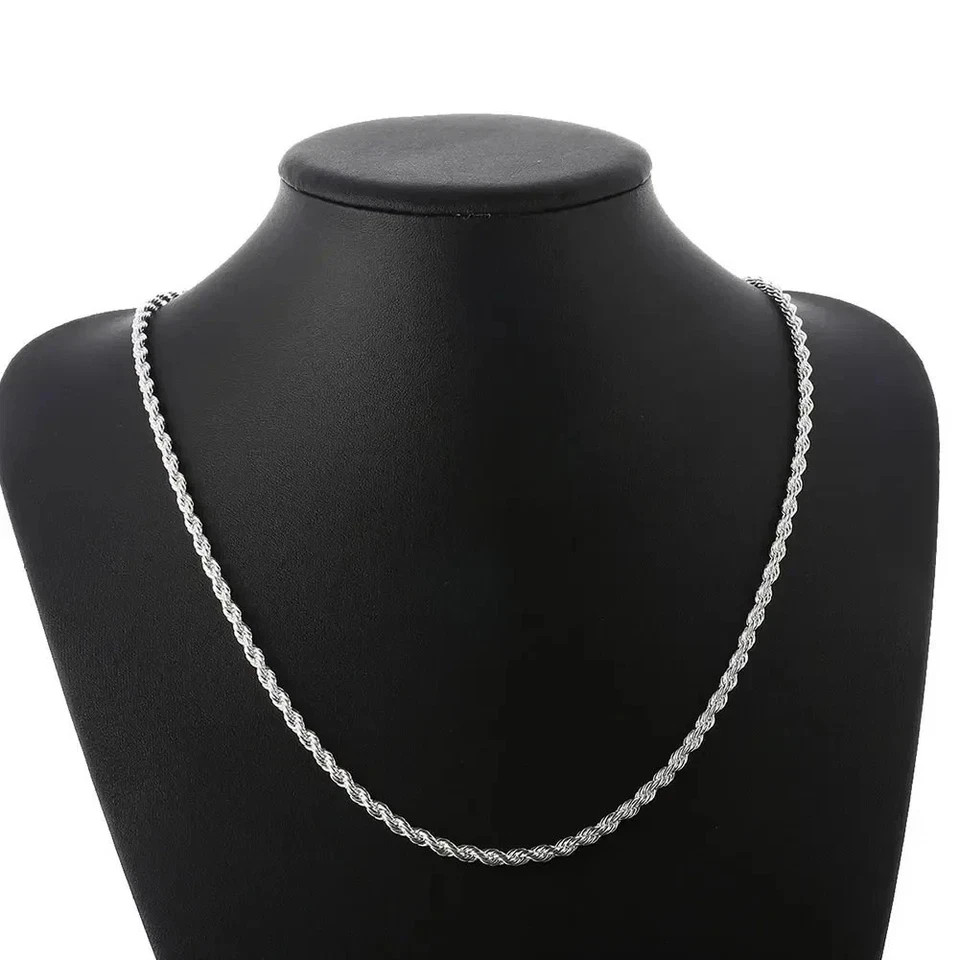 4mm Diamond Cut Solid 925 Sterling Silver Italian Rope Chain Men’s Necklace