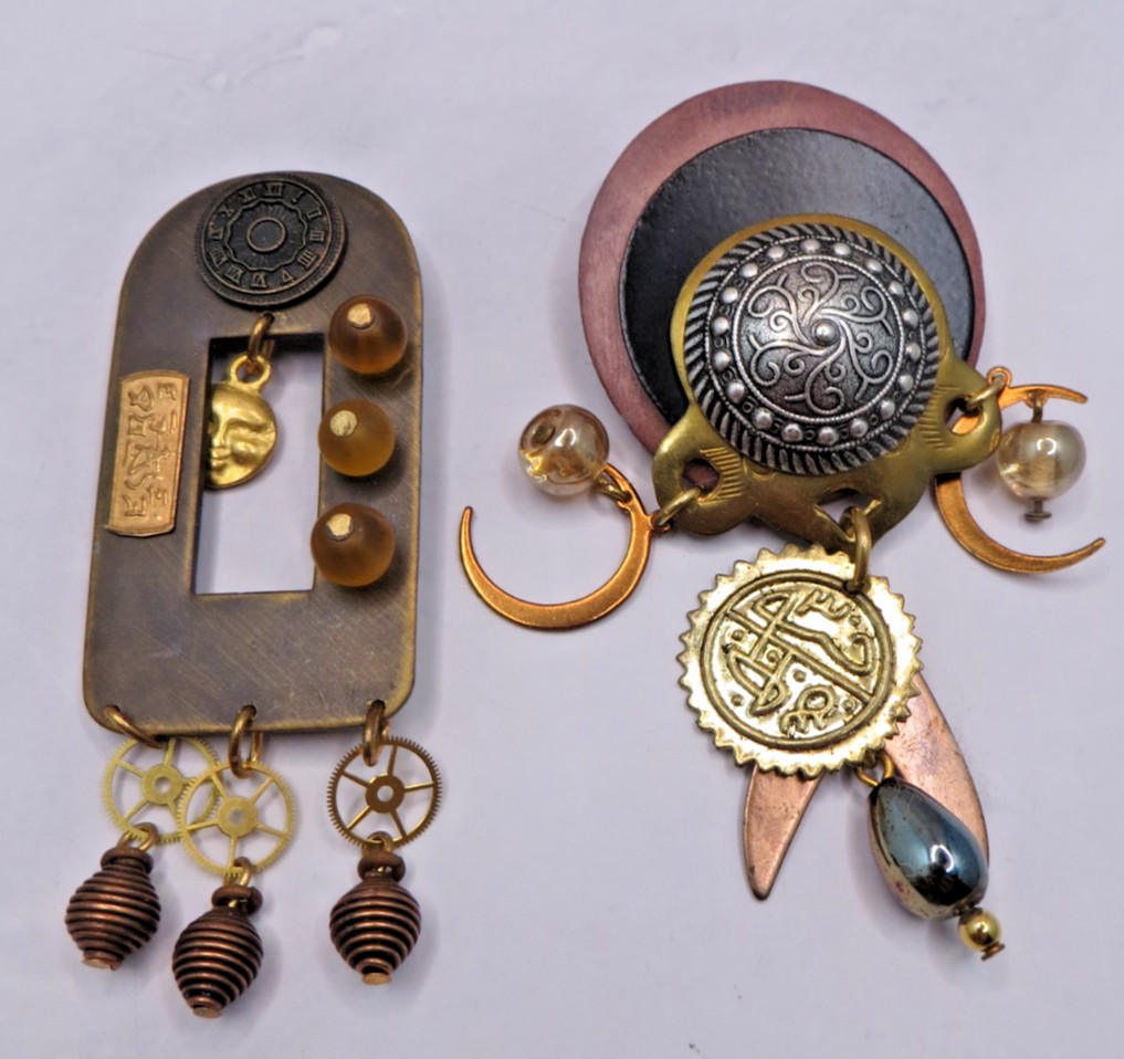 2 Mixed Metals Copper Abstract Steampunk Style Pin Lot #1298