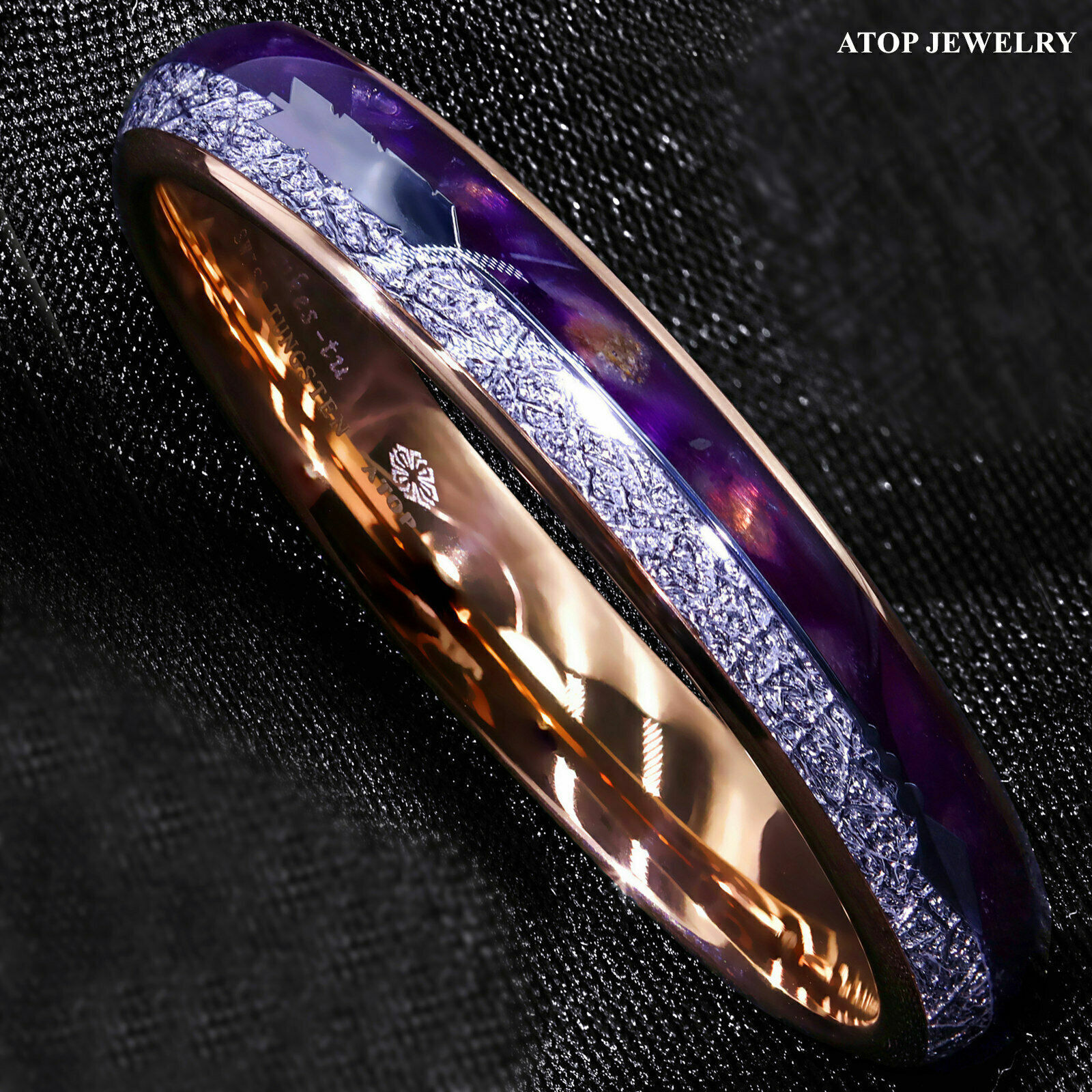 ATOP 8/6mm Purple Agate Meteorite Arrow Rose Gold Tungsten Ring Men
