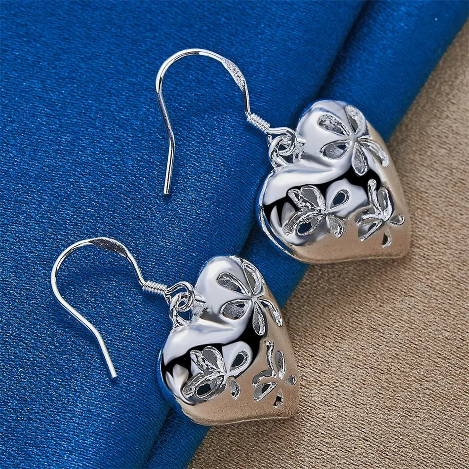 Sterling Silver Filigree Heart Dangle Hook Earrings Hand Polished Women Gift