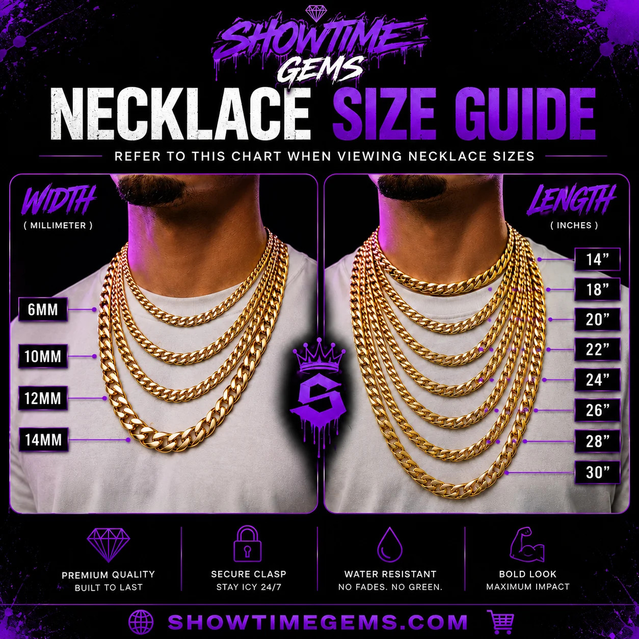 Monaco Cuban Link Chain Necklace 14K Gold Plated Stainless Steel 6-14mm 16-30″