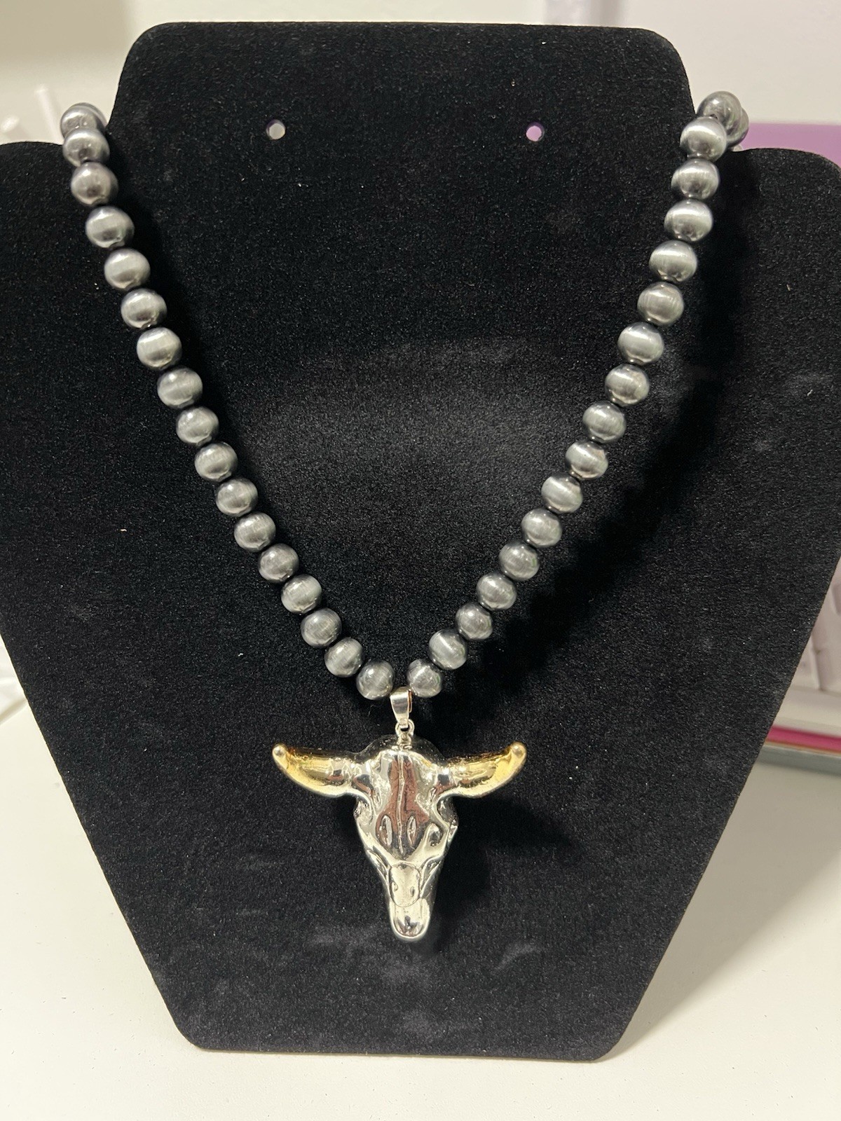 Fashion Jewlery Navajo Style Pearls Faux & Two Tone Bull Head Pendant