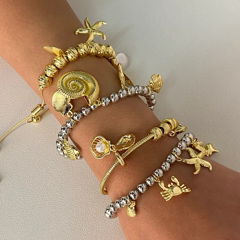 18K Gold Plated Copper Seashell and Fish Charm Bracelet