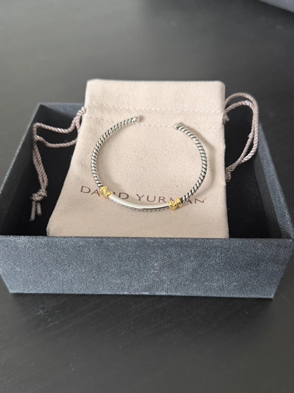 David Yurman Helena Bracelet Cuff Sterling Silver w/ 18K Gold & Diamonds, Size M