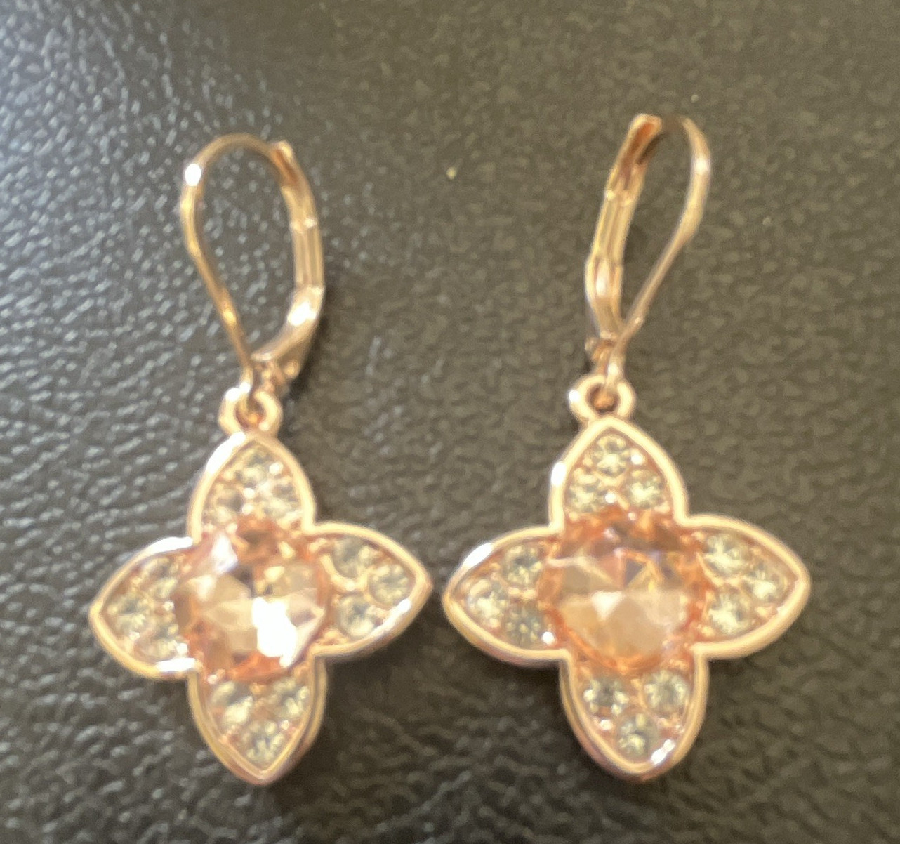 Monet Gold Tone Flower Dangle Leverback Earrings with Pavé White Crystal Stones