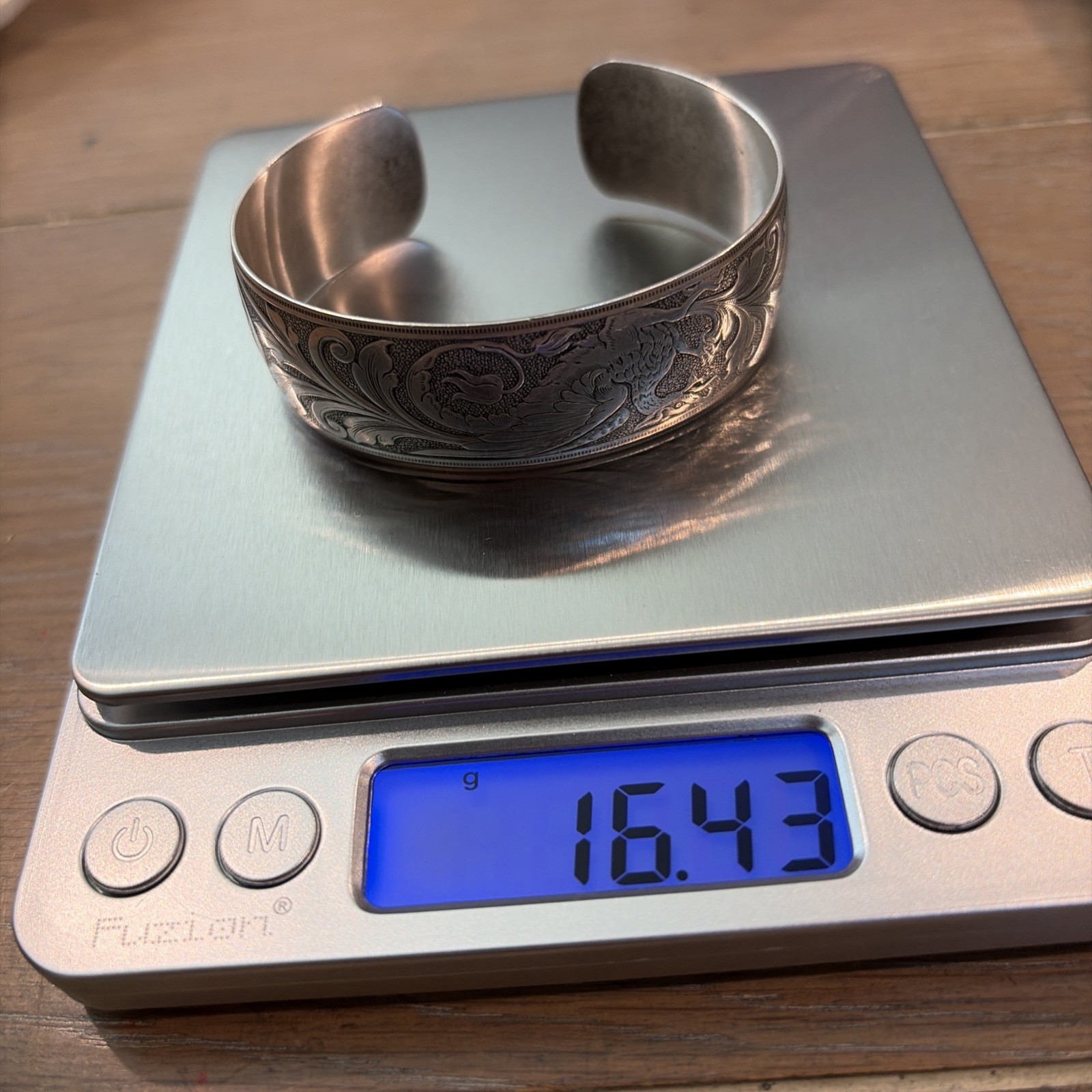 Dragon Etched Sterling Silver 1” Wide Cuff Bracelet Sz 5-1/2 -Engraved – 16g
