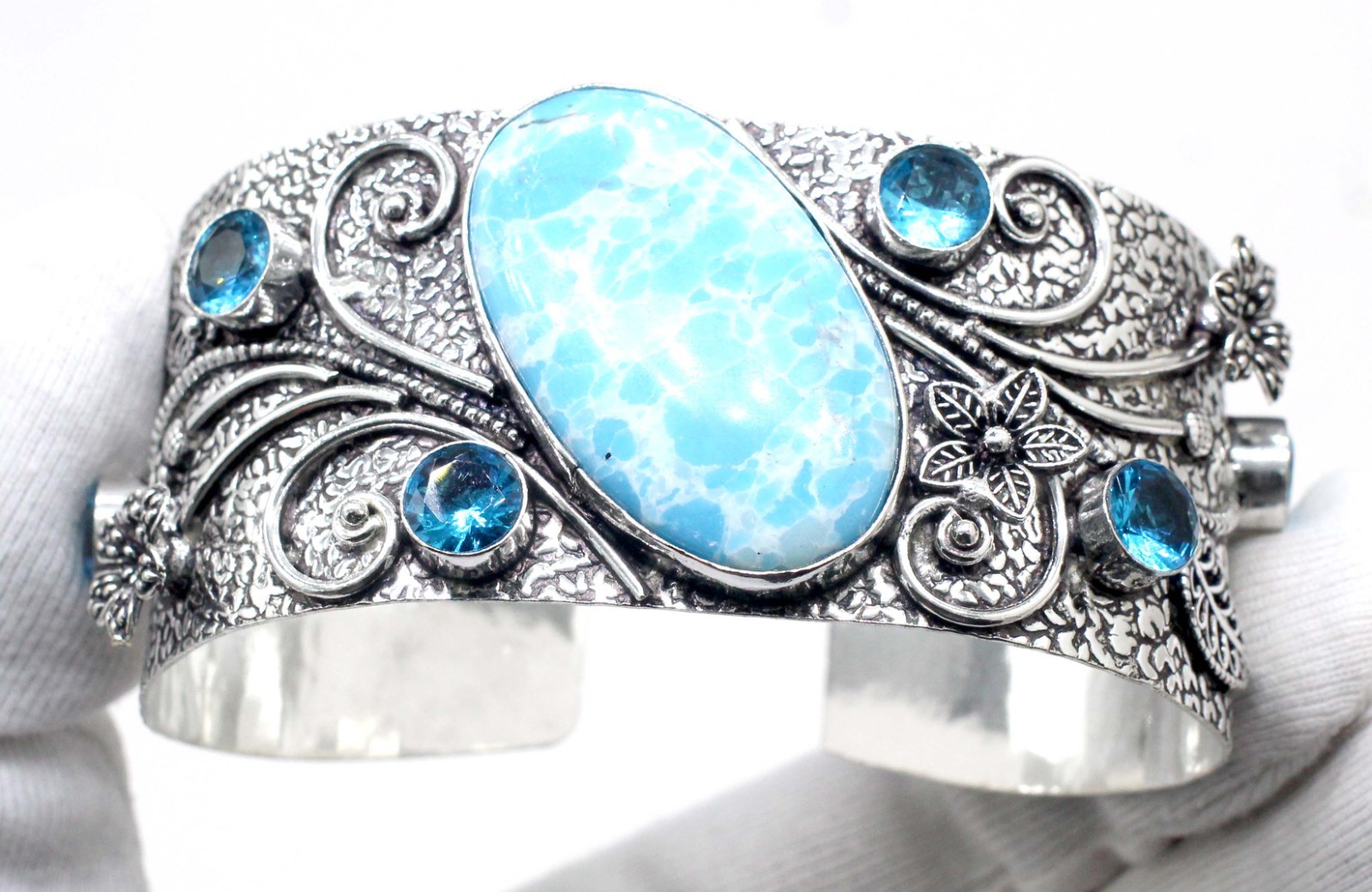 925 Sterling Silver Larimar & Topaz Gemstone Handmade Jewelry Cuff Bracelet