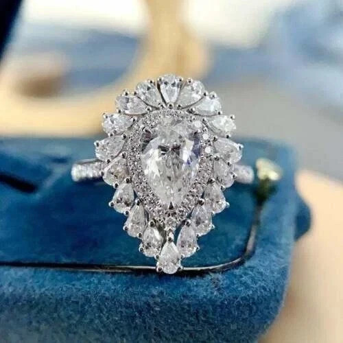 4 CT IGI Pear F-VS1 Lab Grown Diamond Engagement Women Halo Ring 14K White Gold