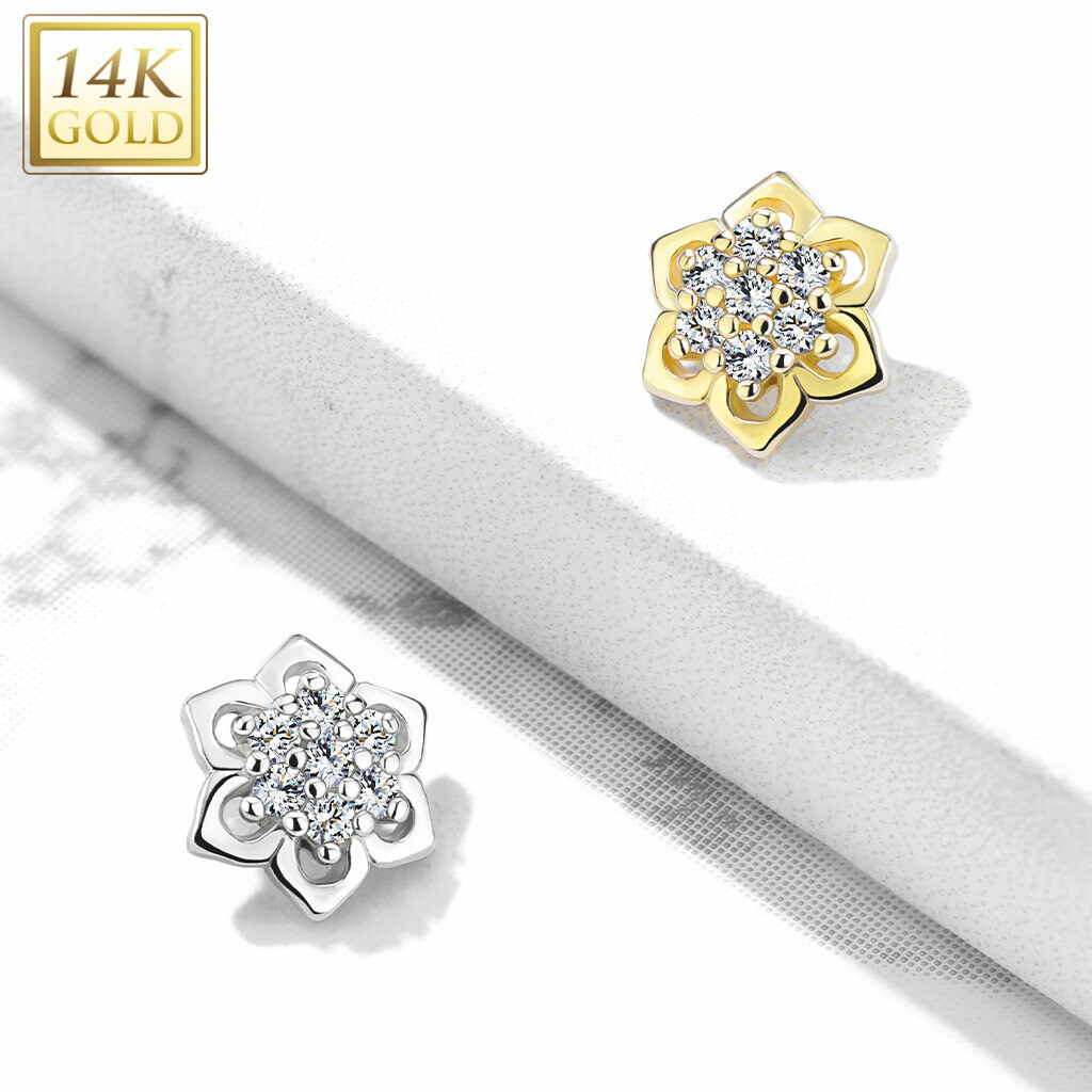 14K Solid Gold CZ Cluster Center Flower Dermal Anchor Top 14g