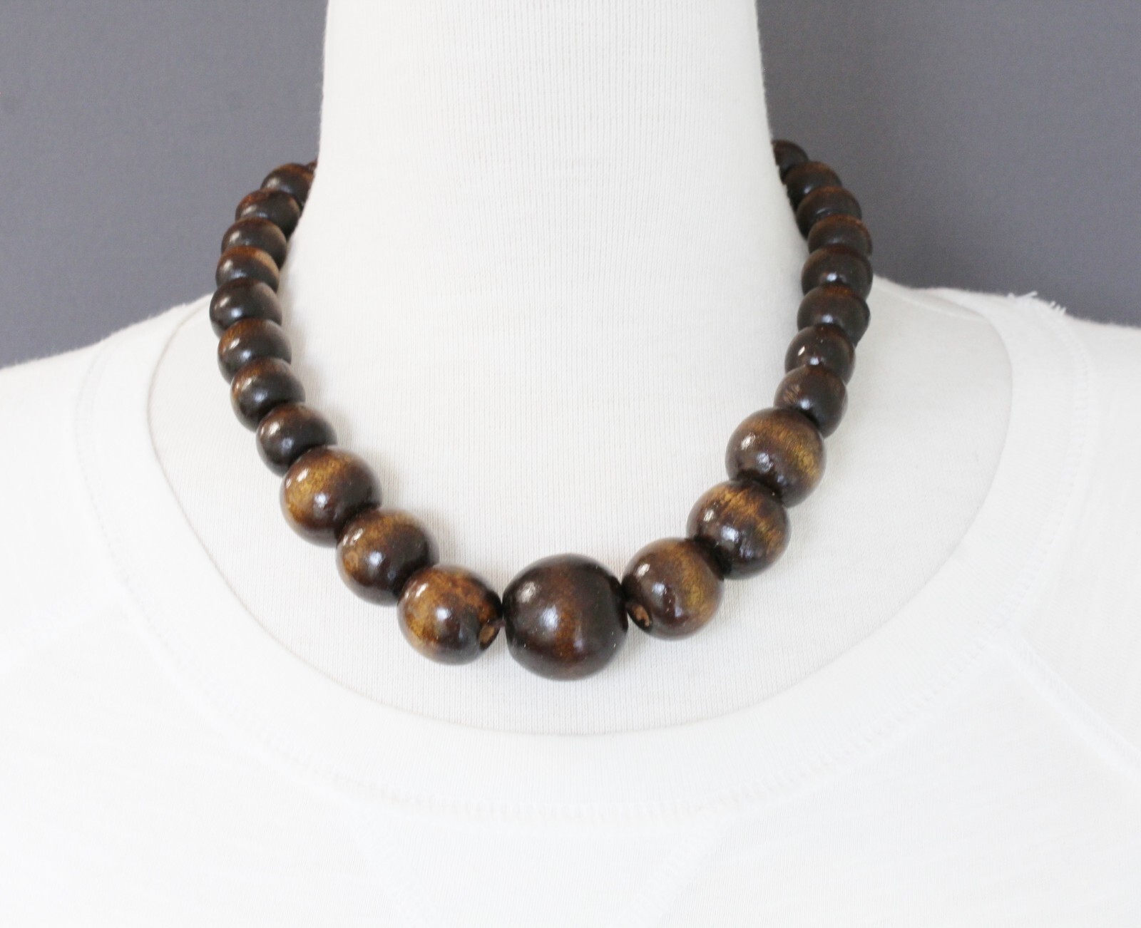Dark Brown wood necklace bead big chunky beaded 18-19.5″ long necklace wooden