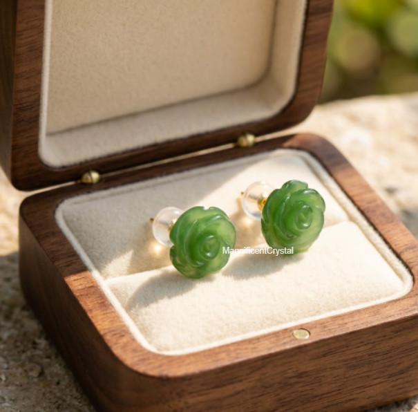 Carved Green Jade Rose Flower Stud Earrings Natural Healing Gemstone Earring