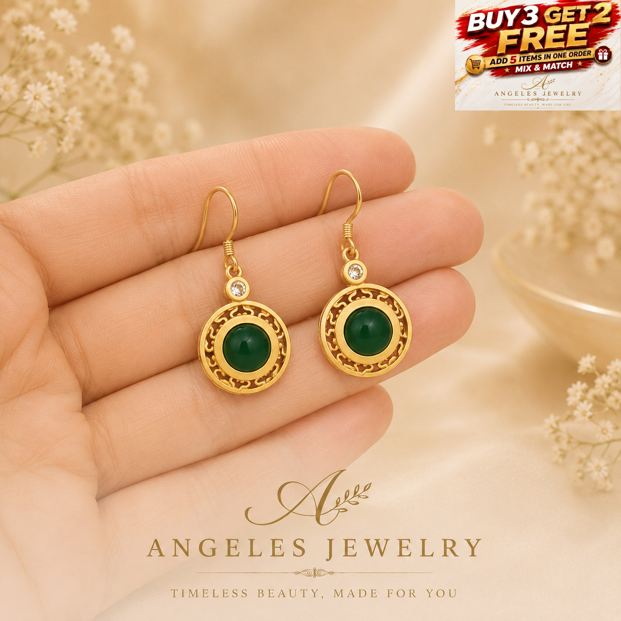 Green Jade Drop Dangle Earrings Hollow-carved Gemstone Ear Hook 18K Gold Plated