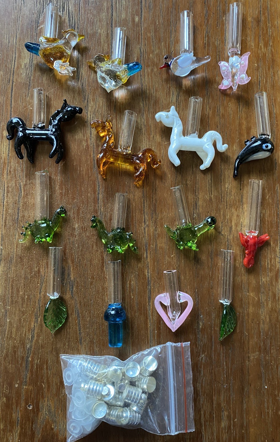 Lot 16 | Glass Rice Vials | Caps, Stoppers | Assorted Colors & Shapes