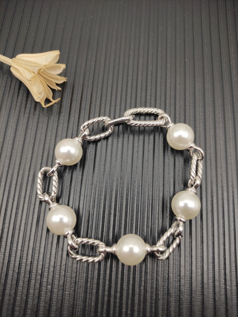 David Yurman Oval Link Cable Pearl Bracelet White Pearls 925 Silver SZ 7.-8IN