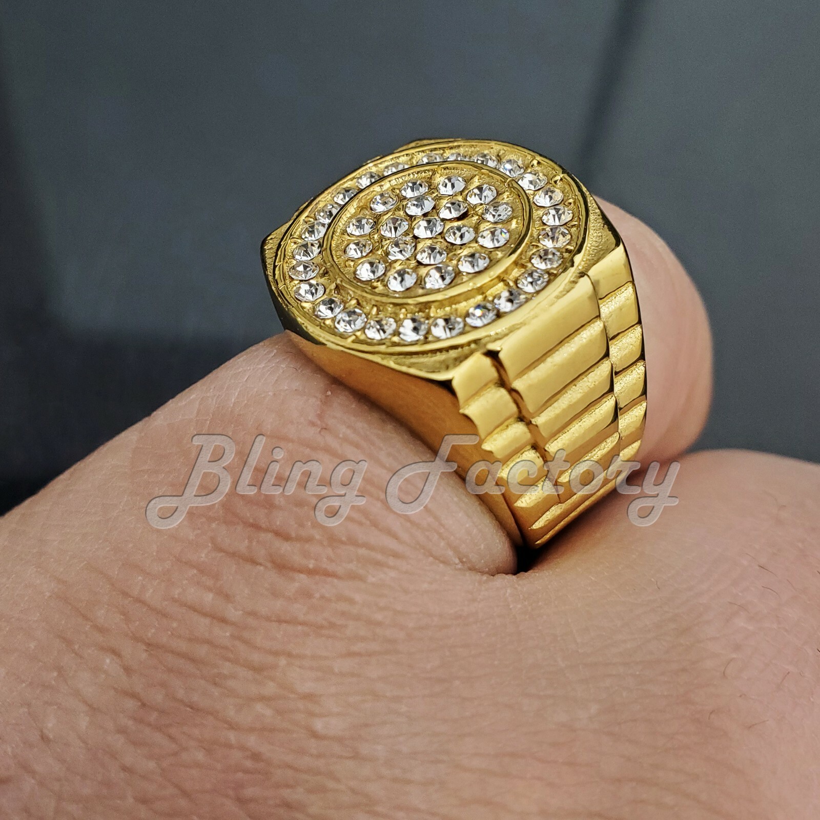 STAINLESS STEEL HIP HOP GOLD TONE LAB DIAMOND BLING RAPPER PINKY RING SIZE 8~12