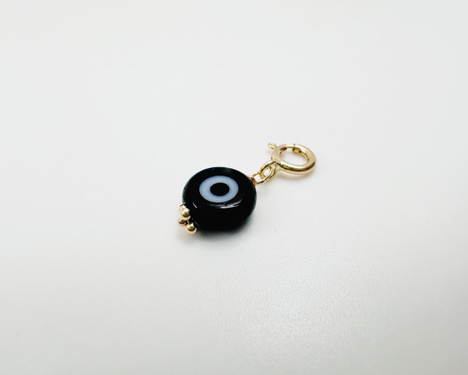 14K Solid Yellow Gold Millefiori Glass Black Evil Eye Charm Pendant Spring Clasp