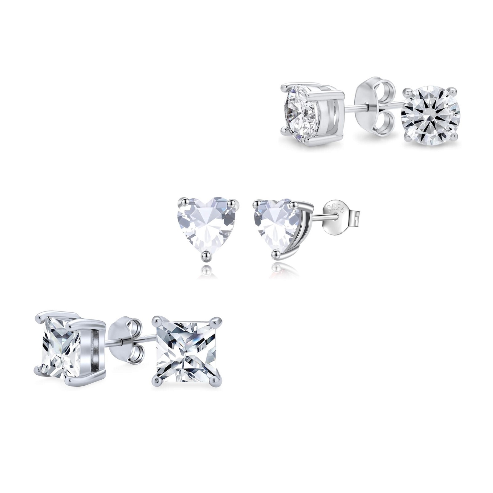 3 Pack 925 Sterling Silver CZ Cubic Zirconia Stud Earrings Set Men Women