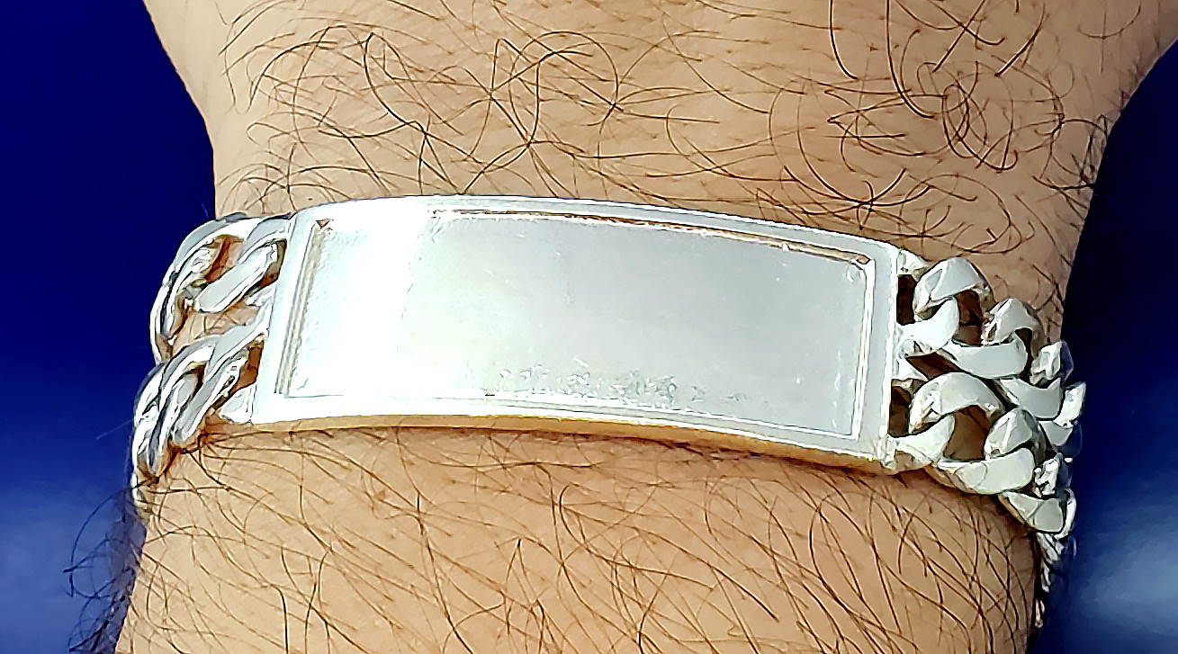 Heavy Solid Sterling Silver 2 Row Curb Link ID Bracelet Handmade in USA 39 Grams