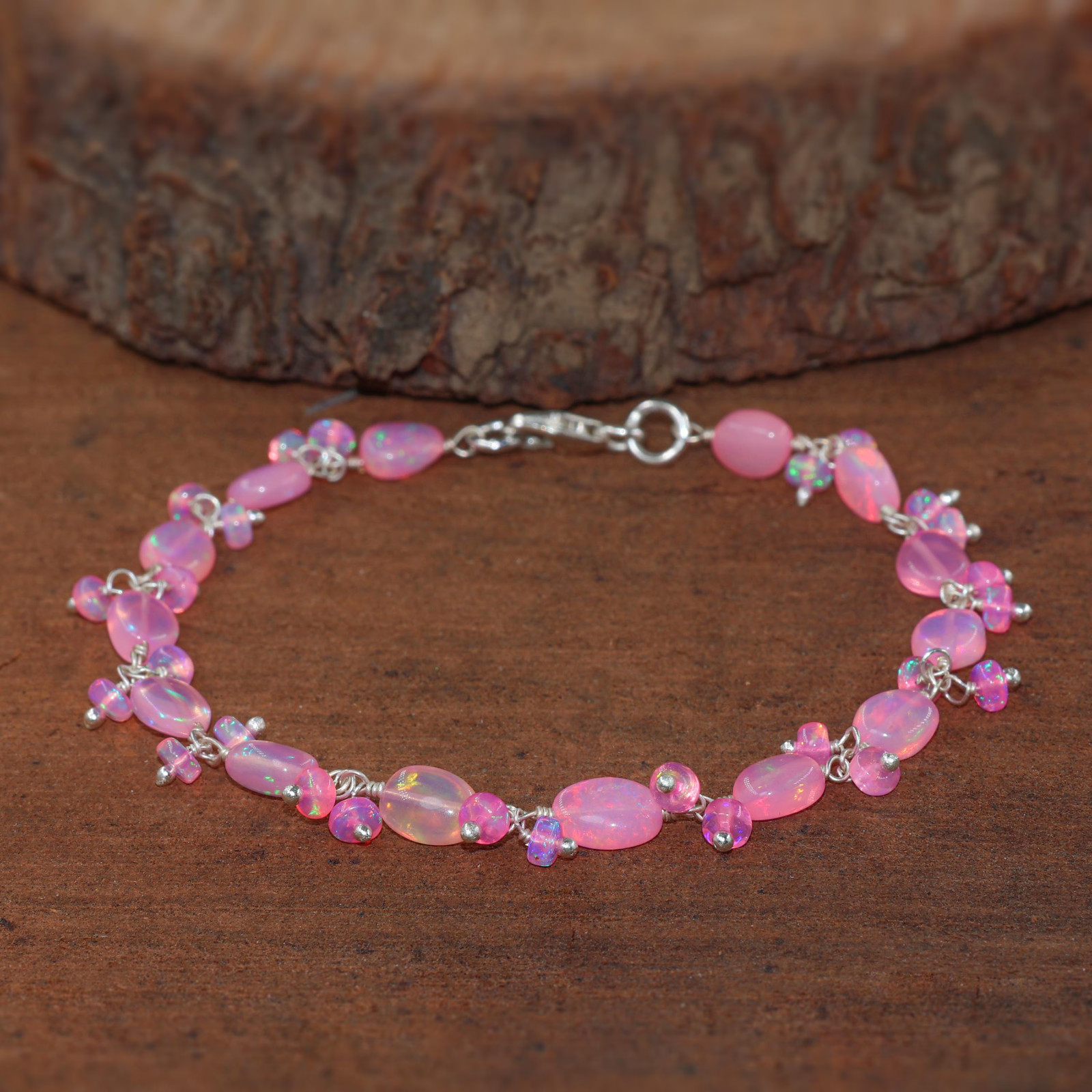 Genuine Pink Opal Gemstone Tumble Beads Bracelet, Natural Fire Opal Bracelet