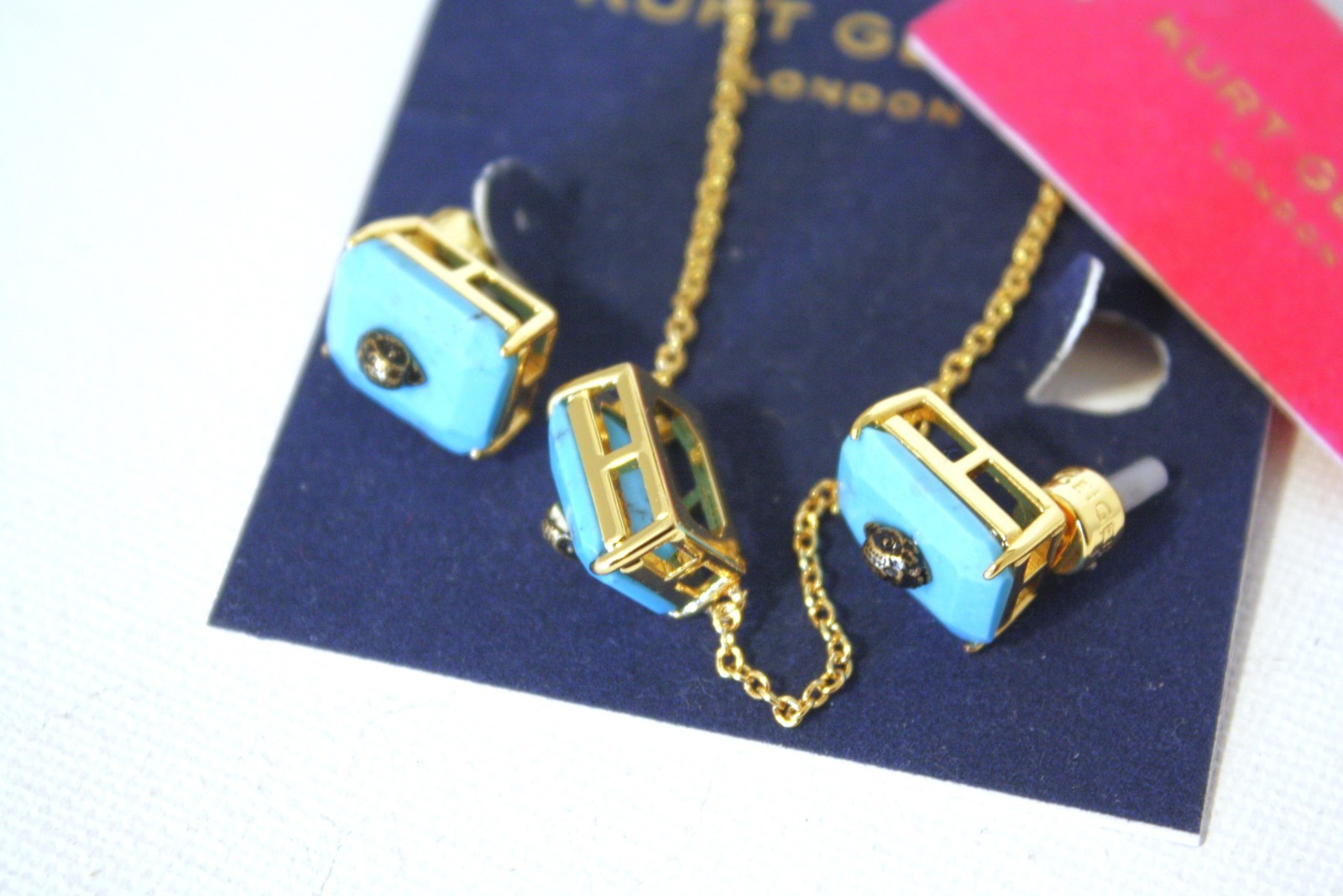 Kurt Geiger Blue Rectangular with eagle head earrings and match Necklaces NWT