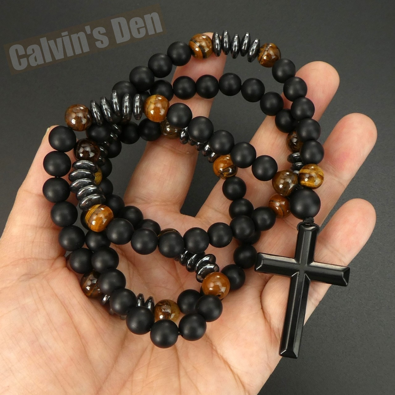 Black Obsidian Tiger Eye Black Alloy Cross Pendant Necklace Men Women Gift