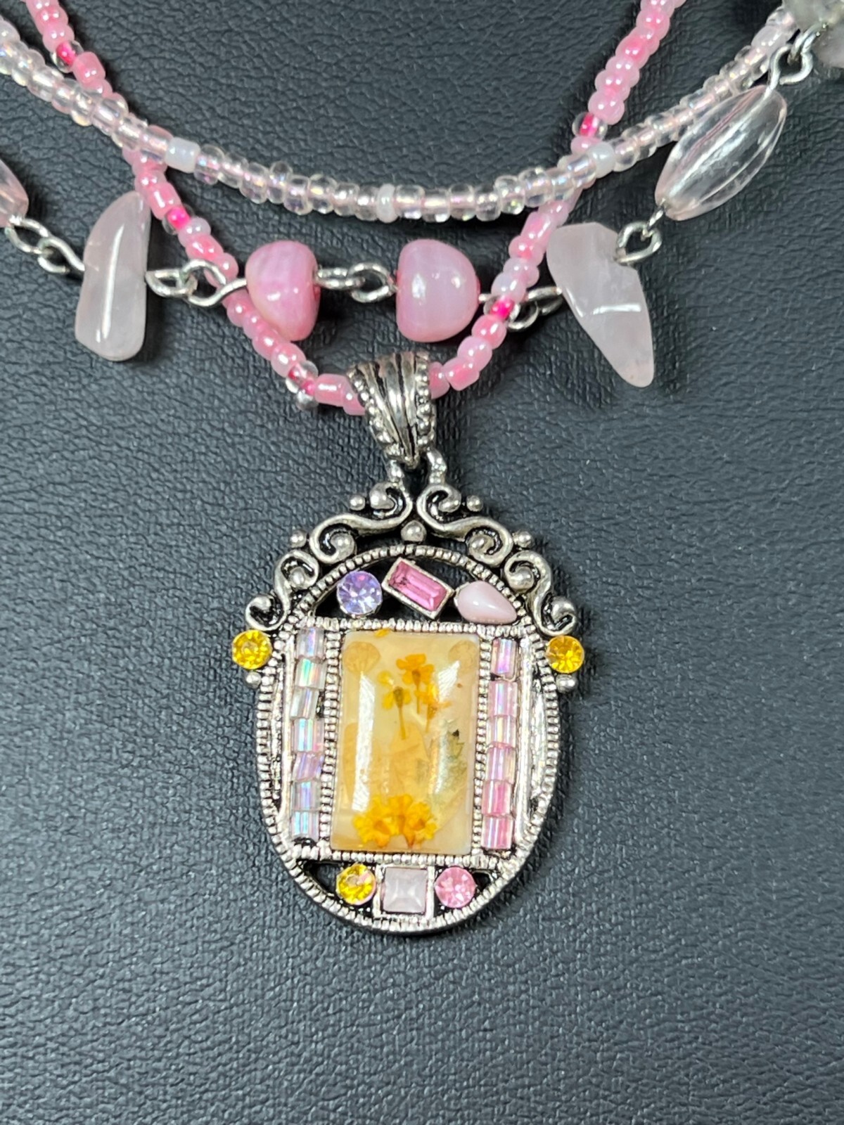 Colorful 16″ Multi Strand Necklace & Matching Pendant with Cabochon Cut Stones